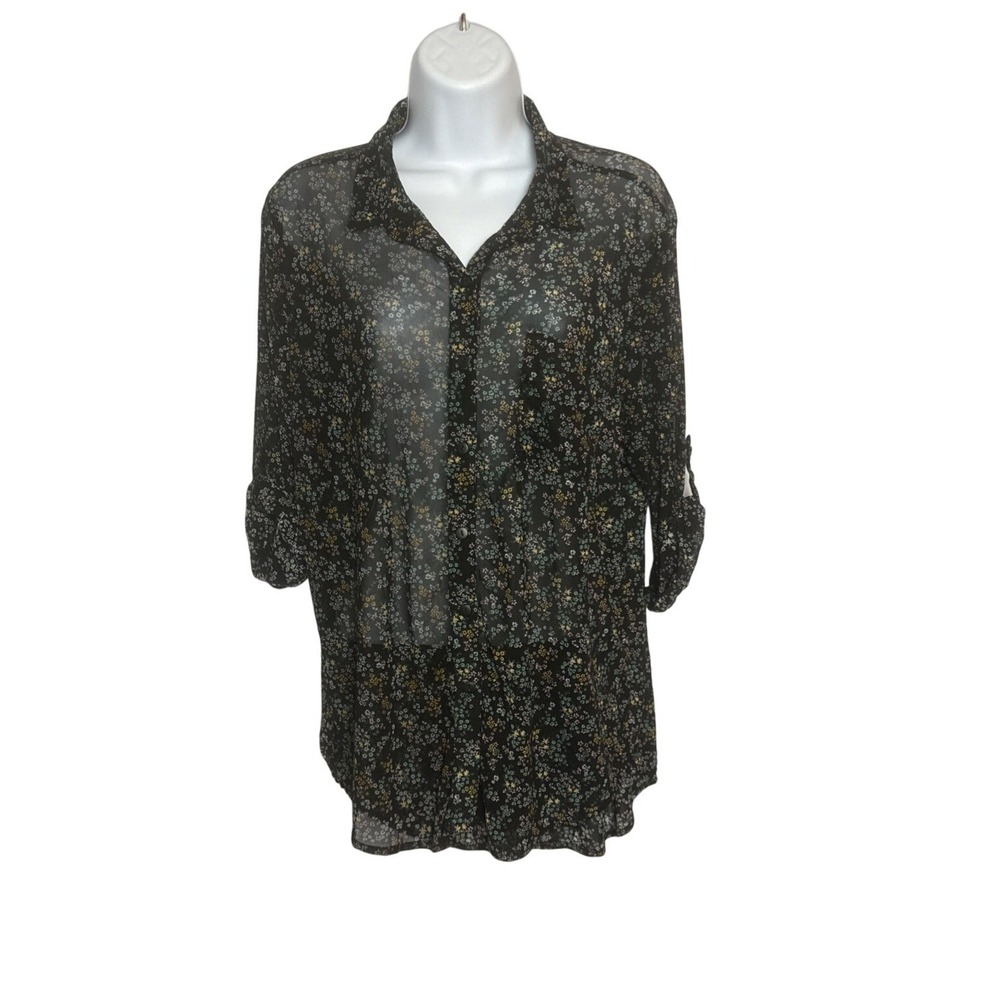 Eden & Olivia Womens Large Blouse Top Lightweight Artsy Floral Sheer‎ Roll Tab